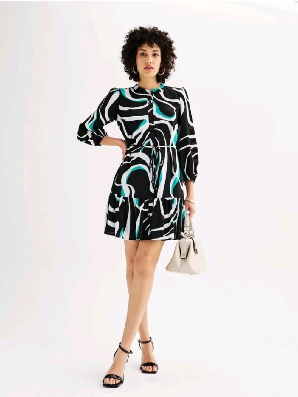 Nine West Women's XXL Long Sleeve Tiered Belted Mini Dress